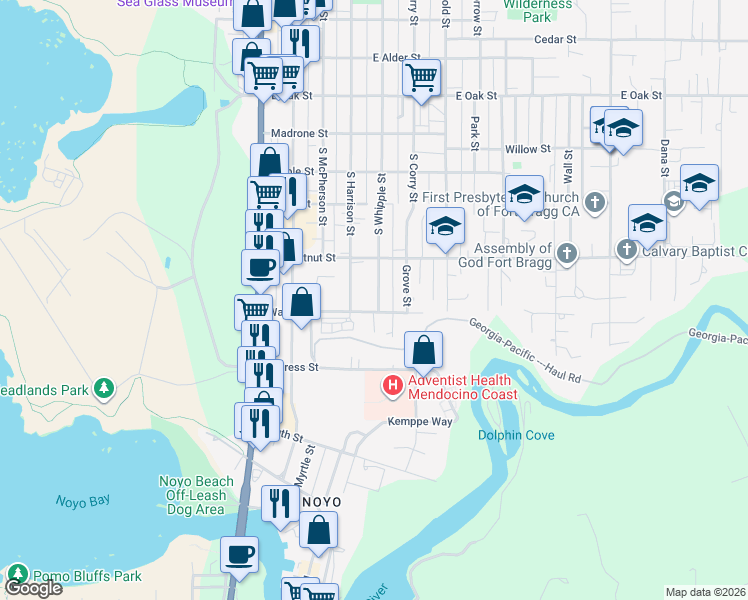 map of restaurants, bars, coffee shops, grocery stores, and more near 575 South Whipple Street in Fort Bragg
