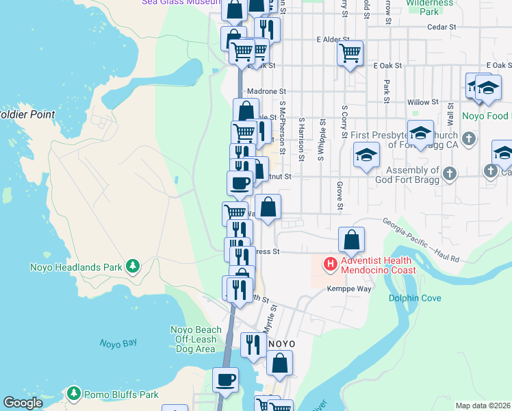 map of restaurants, bars, coffee shops, grocery stores, and more near 556 South Main Street in Fort Bragg