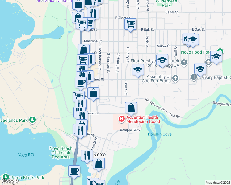 map of restaurants, bars, coffee shops, grocery stores, and more near 575 South Whipple Street in Fort Bragg