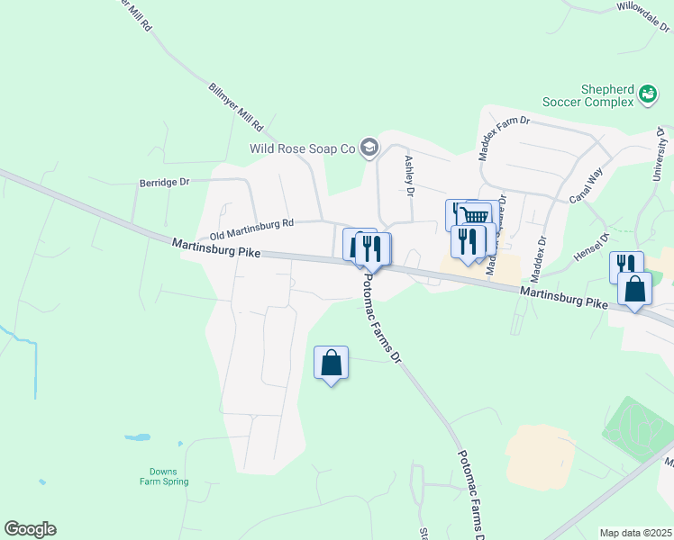 map of restaurants, bars, coffee shops, grocery stores, and more near 7566 Martinsburg Pike in Shepherdstown