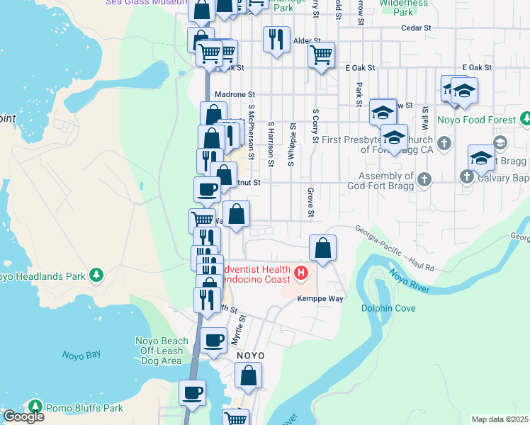 map of restaurants, bars, coffee shops, grocery stores, and more near 579 South Harrison Street in Fort Bragg