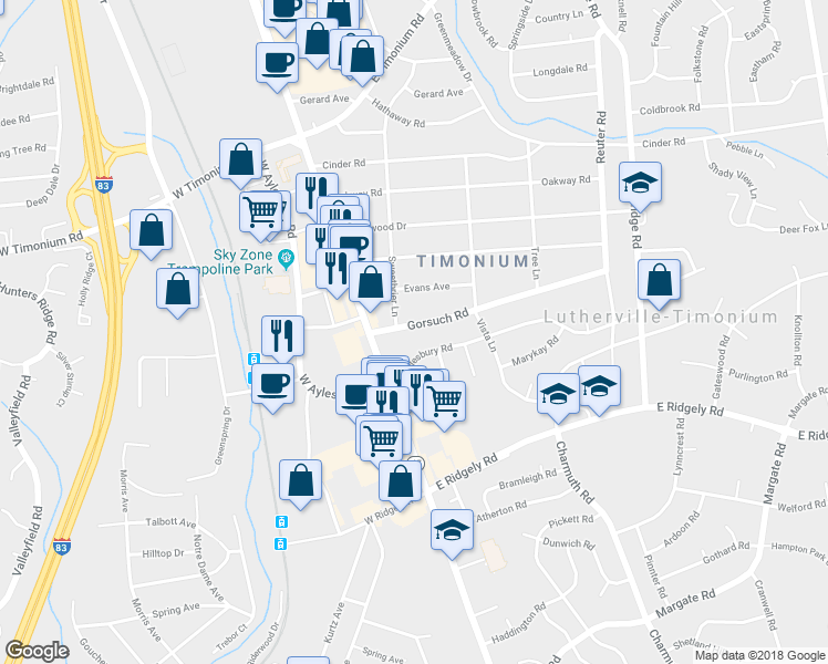 map of restaurants, bars, coffee shops, grocery stores, and more near 11 Gorsuch Road in Lutherville-Timonium