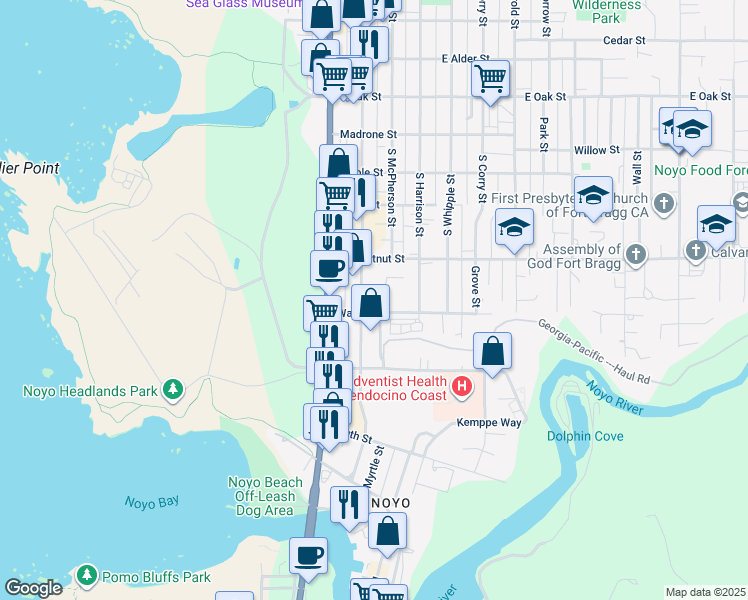 map of restaurants, bars, coffee shops, grocery stores, and more near 576 South Franklin Street in Fort Bragg