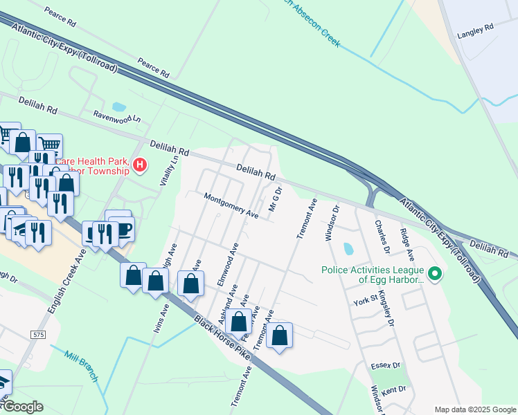 map of restaurants, bars, coffee shops, grocery stores, and more near 25 Mr G Drive in Egg Harbor Township