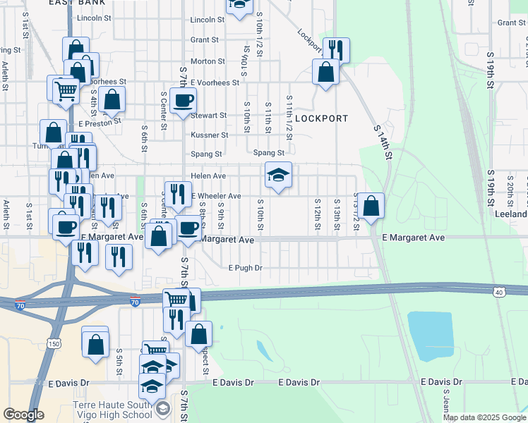 map of restaurants, bars, coffee shops, grocery stores, and more near 2922 South 10th Street in Terre Haute