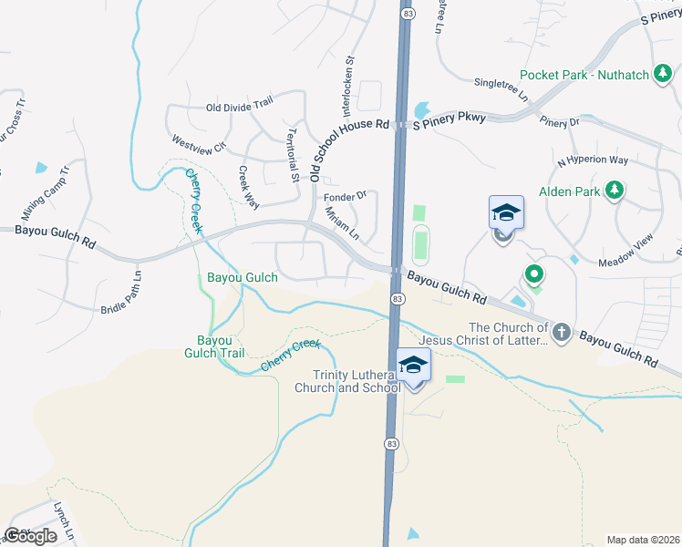map of restaurants, bars, coffee shops, grocery stores, and more near 5005 Bayou Gulch Street in Parker