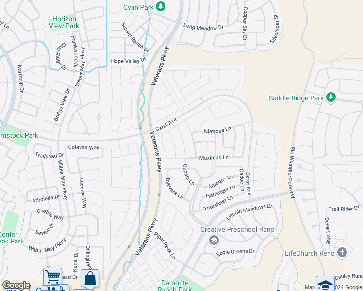 map of restaurants, bars, coffee shops, grocery stores, and more near 9593 Gazala Lane in Reno