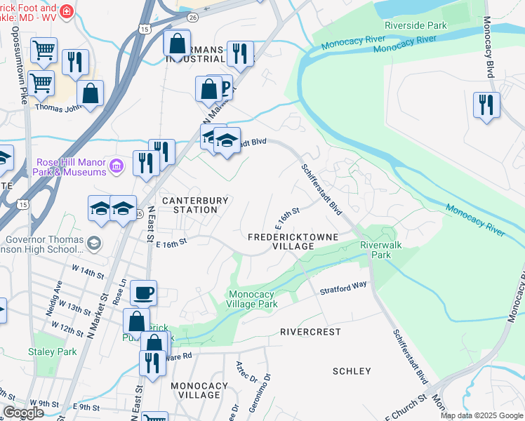 map of restaurants, bars, coffee shops, grocery stores, and more near 823 Chadwick Circle in Frederick