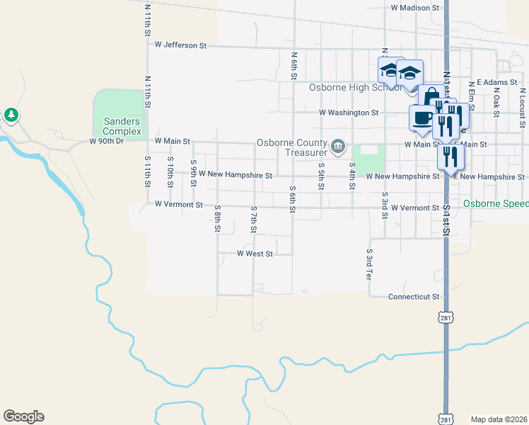 map of restaurants, bars, coffee shops, grocery stores, and more near 629 West Vermont Street in Osborne