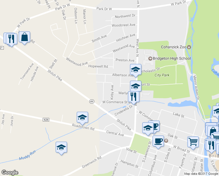 map of restaurants, bars, coffee shops, grocery stores, and more near 20 Kirby Avenue in Bridgeton