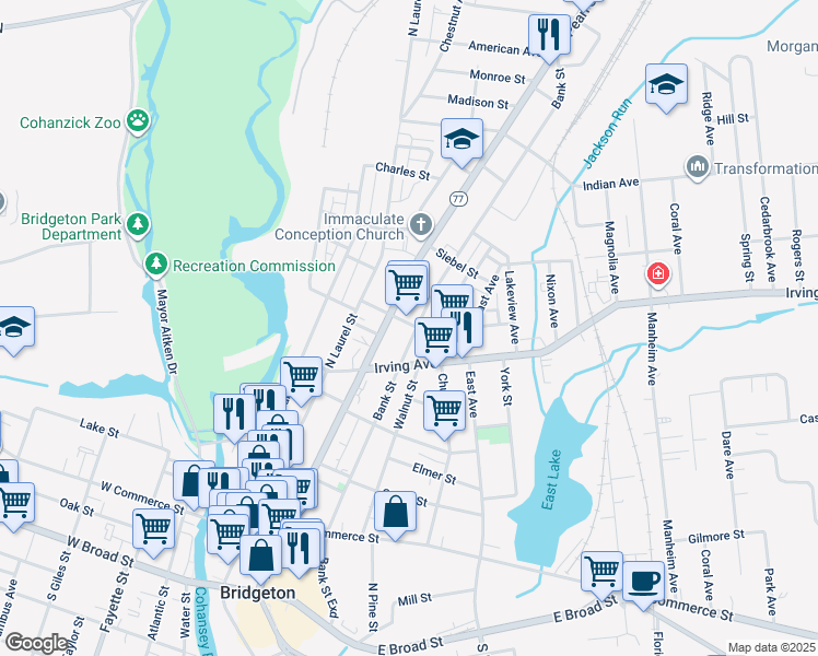 map of restaurants, bars, coffee shops, grocery stores, and more near 224 Bank Street in Bridgeton
