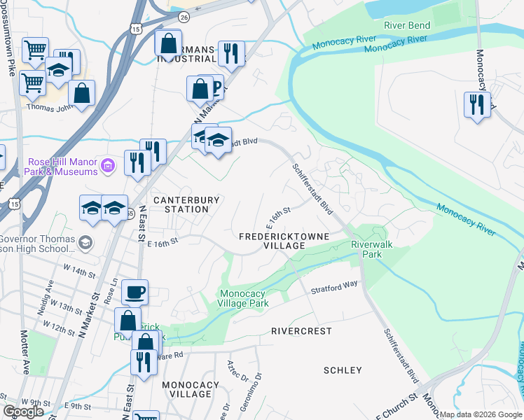 map of restaurants, bars, coffee shops, grocery stores, and more near 824 Chadwick Circle in Frederick