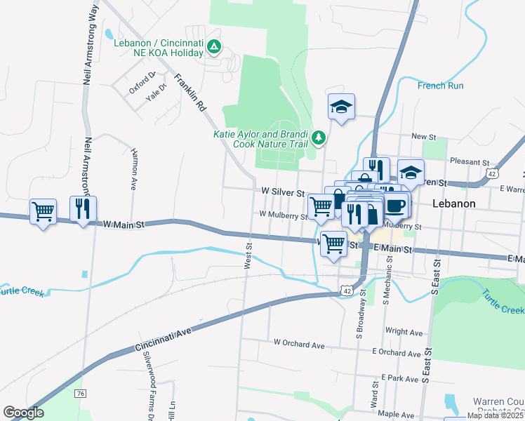 map of restaurants, bars, coffee shops, grocery stores, and more near 510 West Mulberry Street in Lebanon