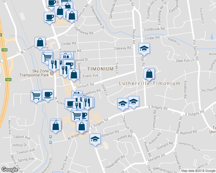map of restaurants, bars, coffee shops, grocery stores, and more near 102 East Aylesbury Road in Lutherville-Timonium
