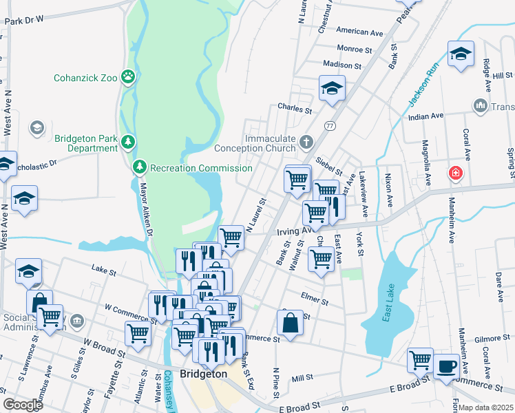 map of restaurants, bars, coffee shops, grocery stores, and more near 220 North Laurel Street in Bridgeton