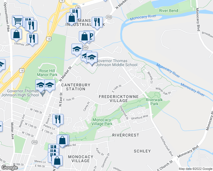 map of restaurants, bars, coffee shops, grocery stores, and more near 825 Chadwick Circle in Frederick