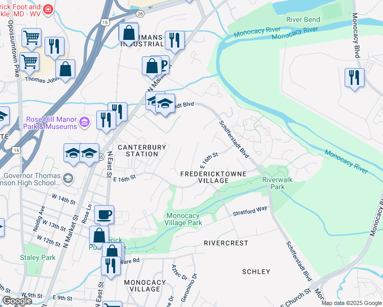 map of restaurants, bars, coffee shops, grocery stores, and more near 825 Chadwick Circle in Frederick