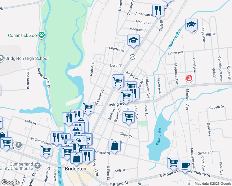 map of restaurants, bars, coffee shops, grocery stores, and more near 224 Bank Street in Bridgeton
