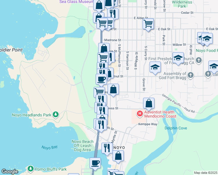 map of restaurants, bars, coffee shops, grocery stores, and more near 571 South Franklin Street in Fort Bragg