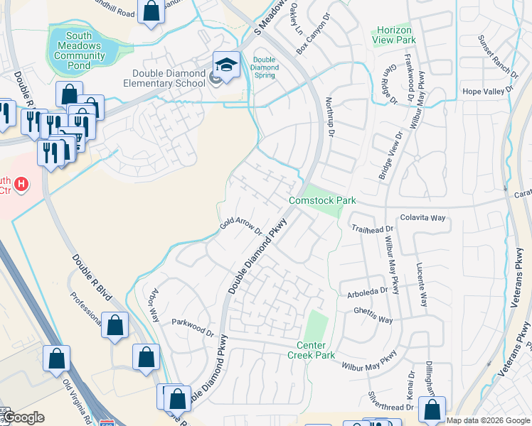 map of restaurants, bars, coffee shops, grocery stores, and more near 10319 Gold Rush Court in Reno