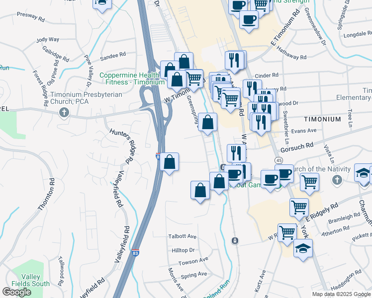 map of restaurants, bars, coffee shops, grocery stores, and more near 1966 Greenspring Drive in Lutherville-Timonium