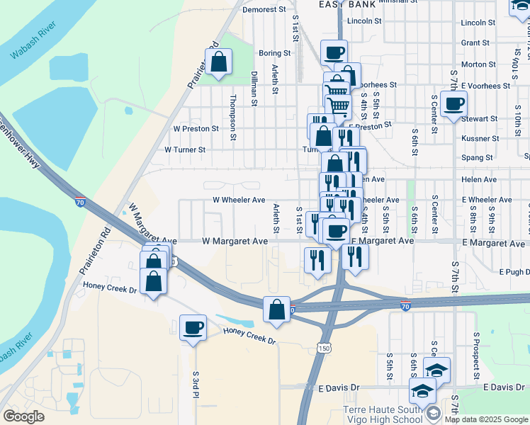 map of restaurants, bars, coffee shops, grocery stores, and more near in Terre Haute