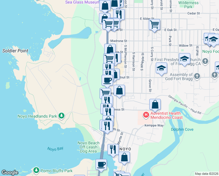 map of restaurants, bars, coffee shops, grocery stores, and more near 556 South Main Street in Fort Bragg