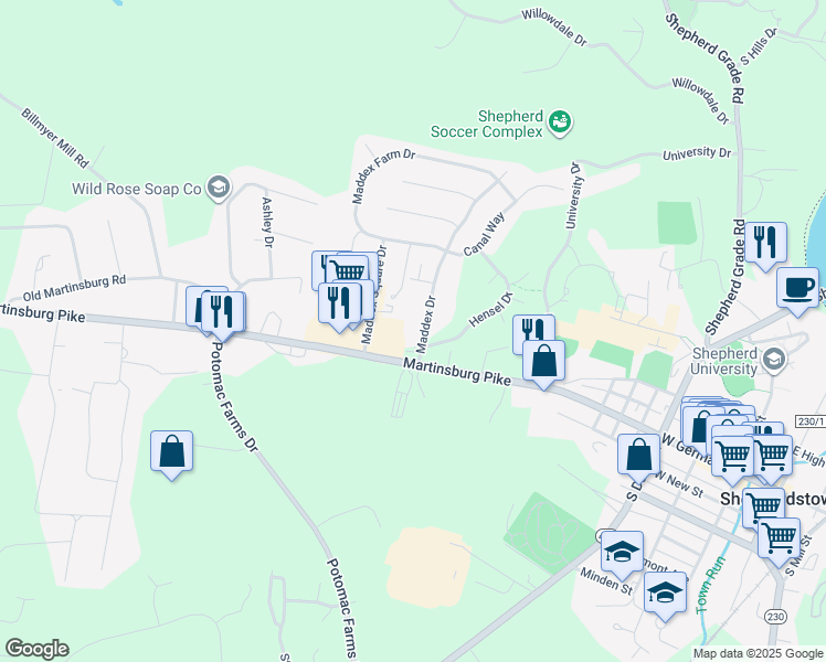 map of restaurants, bars, coffee shops, grocery stores, and more near 21 Pheasant Ridge Court in Shepherdstown