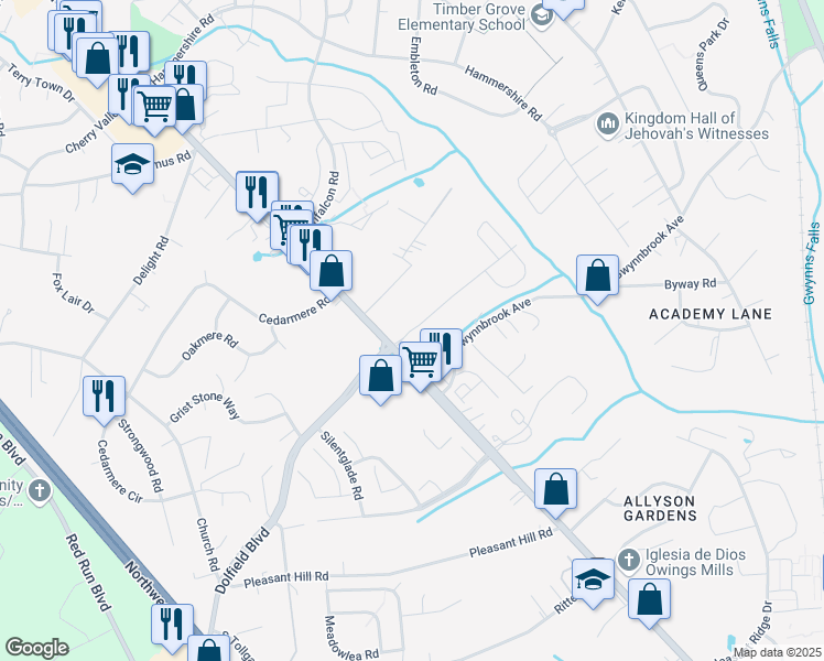 map of restaurants, bars, coffee shops, grocery stores, and more near 15 Richmar Road in Owings Mills