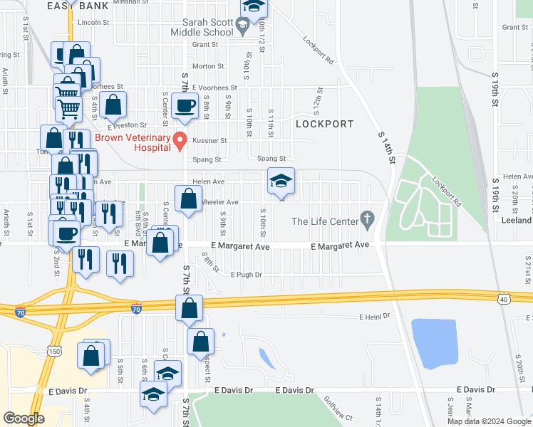 map of restaurants, bars, coffee shops, grocery stores, and more near 2908 South 10th Street in Terre Haute