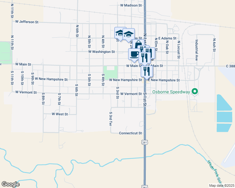 map of restaurants, bars, coffee shops, grocery stores, and more near 301 South 3rd Street in Osborne