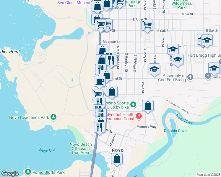 map of restaurants, bars, coffee shops, grocery stores, and more near 560 South Franklin Street in Fort Bragg