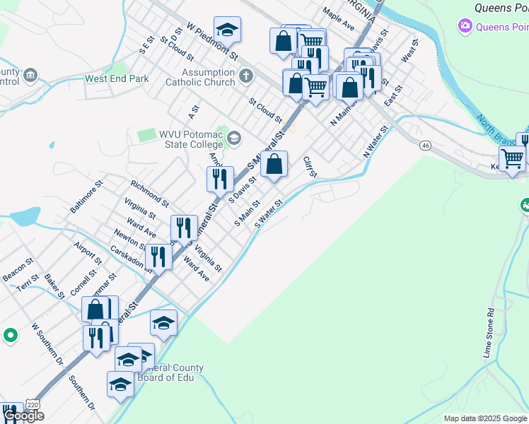 map of restaurants, bars, coffee shops, grocery stores, and more near 280 South Water Street in Keyser