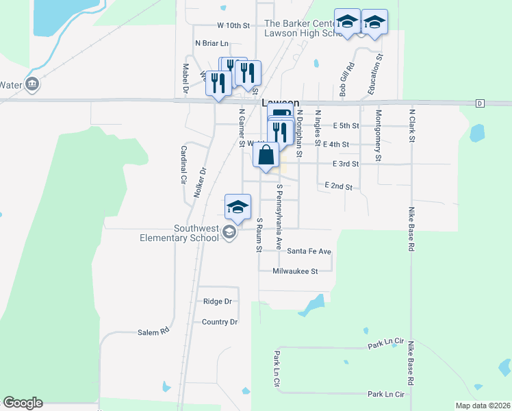 map of restaurants, bars, coffee shops, grocery stores, and more near 108 South Raum Street in Lawson