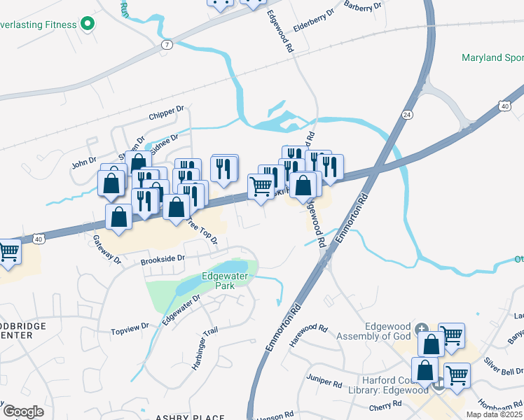 map of restaurants, bars, coffee shops, grocery stores, and more near 2013 Pulaski Highway in Edgewood
