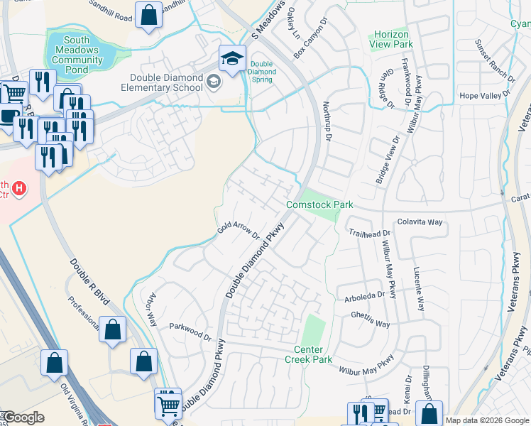 map of restaurants, bars, coffee shops, grocery stores, and more near 10319 Gold Rush Court in Reno