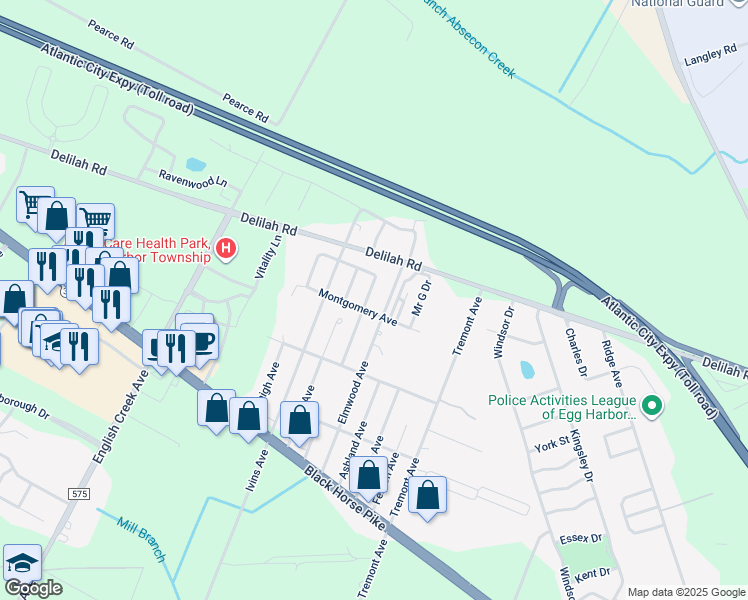 map of restaurants, bars, coffee shops, grocery stores, and more near 46 Crestwood Circle in Egg Harbor Township