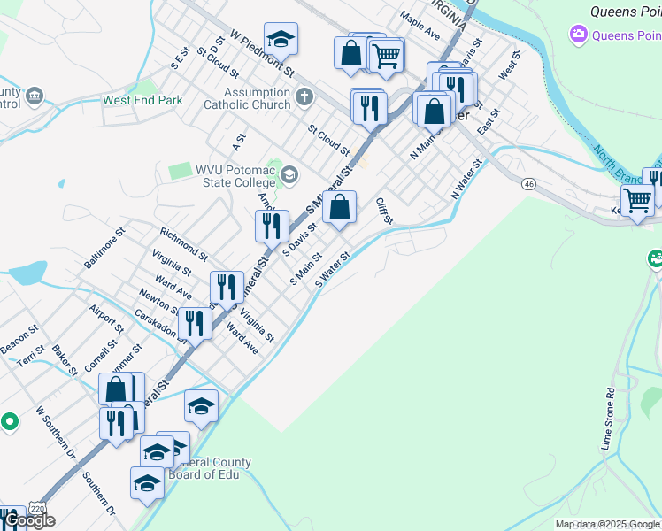 map of restaurants, bars, coffee shops, grocery stores, and more near 280 South Water Street in Keyser