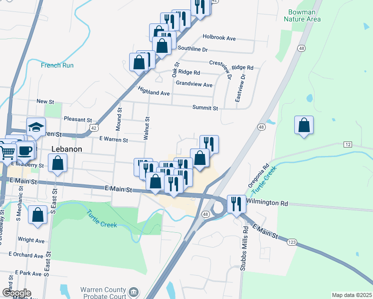 map of restaurants, bars, coffee shops, grocery stores, and more near 726 East Main Street in Lebanon