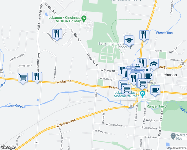 map of restaurants, bars, coffee shops, grocery stores, and more near 15 North West Street in Lebanon