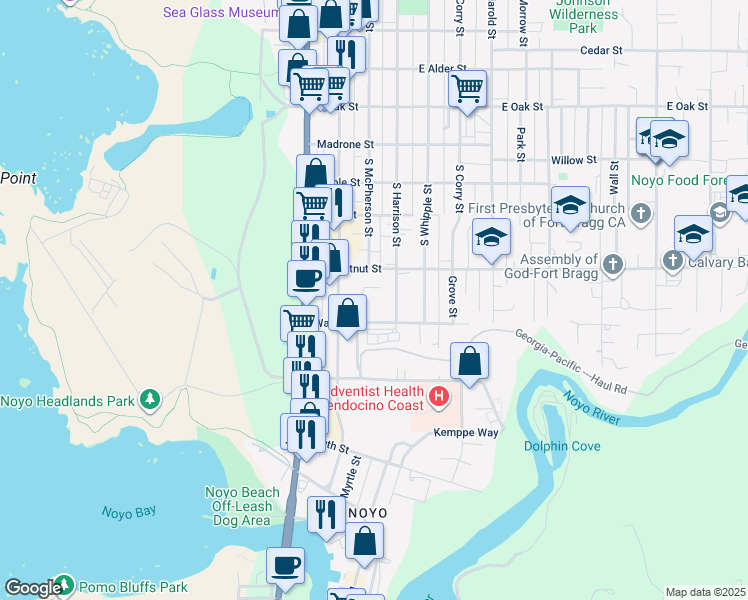 map of restaurants, bars, coffee shops, grocery stores, and more near 311 Walnut Street in Fort Bragg