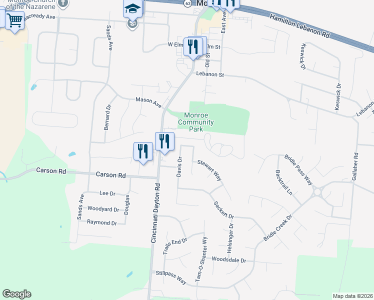 map of restaurants, bars, coffee shops, grocery stores, and more near 615 Linn Court in Monroe