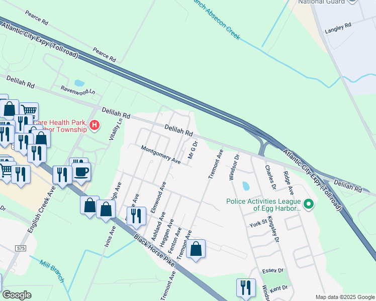 map of restaurants, bars, coffee shops, grocery stores, and more near 25 Mr G Drive in Egg Harbor Township