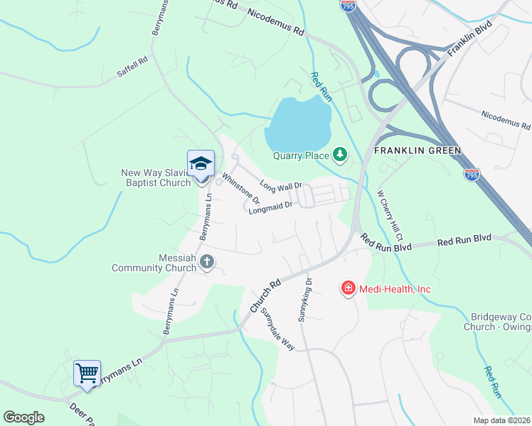 map of restaurants, bars, coffee shops, grocery stores, and more near 822 Longmaid Drive in Reisterstown