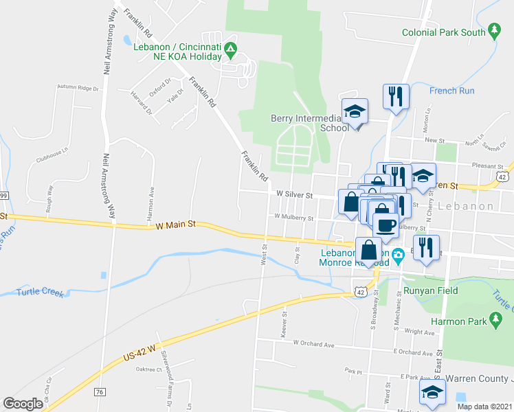 map of restaurants, bars, coffee shops, grocery stores, and more near 15 North West Street in Lebanon