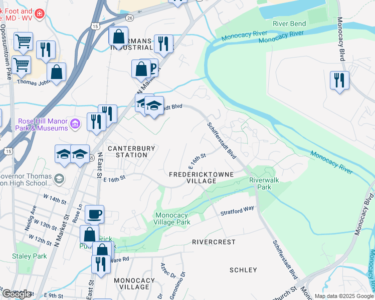 map of restaurants, bars, coffee shops, grocery stores, and more near 832 Chadwick Circle in Frederick