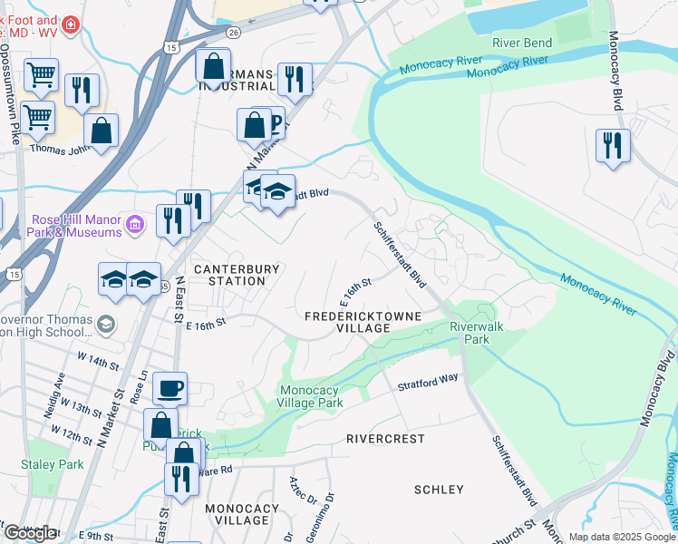 map of restaurants, bars, coffee shops, grocery stores, and more near 832 Chadwick Circle in Frederick