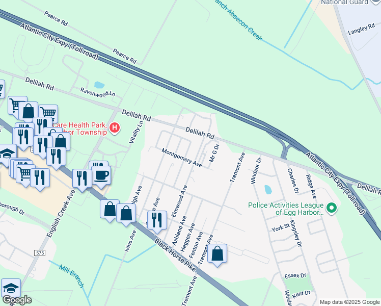 map of restaurants, bars, coffee shops, grocery stores, and more near 46 Crestwood Circle in Egg Harbor Township