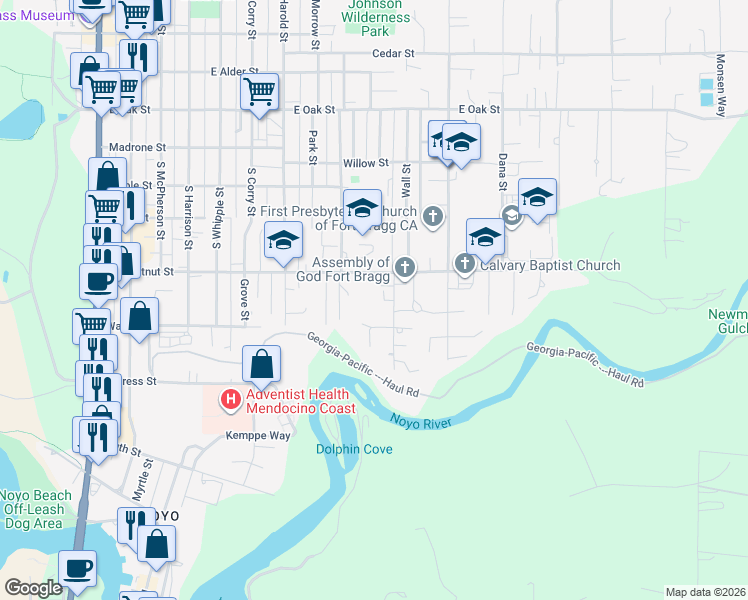 map of restaurants, bars, coffee shops, grocery stores, and more near 970 East Chestnut Street in Fort Bragg