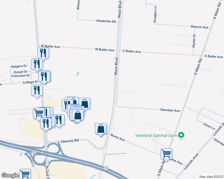 map of restaurants, bars, coffee shops, grocery stores, and more near 3504 West Boulevard in Vineland